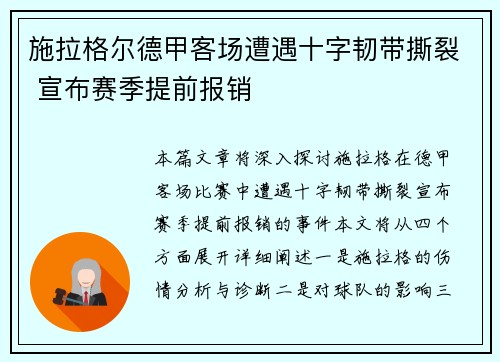 施拉格尔德甲客场遭遇十字韧带撕裂 宣布赛季提前报销 施拉格尔德甲客场遭遇十字韧带撕裂 宣布赛季提前报销